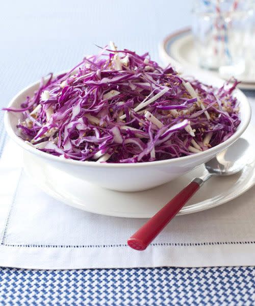 <p>Cabbage can be sliced the day before, and the dressing can be made up to three days ahead. Which means more time for you to party.</p><p><a href="https://www.goodhousekeeping.com/food-recipes/a10083/red-cabbage-jicama-slaw-recipe-ghk0710/" rel="nofollow noopener" target="_blank" data-ylk="slk:Get the recipe for Red Cabbage and Jicama Slaw »;elm:context_link;itc:0;sec:content-canvas" class="link "><em>Get the recipe for Red Cabbage and Jicama Slaw »</em></a></p>