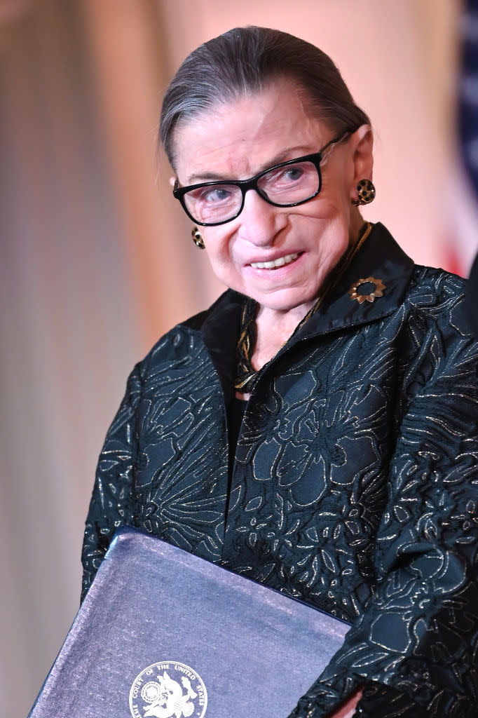 Supreme Court Justice Ruth Bader Ginsburg is seen as she presents the Justice Ruth Bader Ginsburg Inaugural Woman of Leadership Award in February. Source: Getty