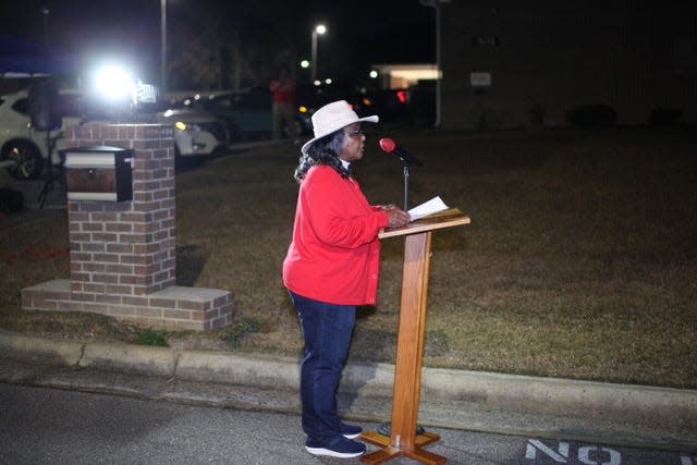 Iresteen Grant speaks during a ceremony to light up a 10-foot angel at Beauty Spot Missionary Baptist Church on Saturday, Dec. 2, 2023.