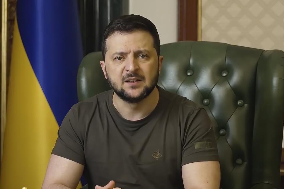 In this image from video provided by the Ukrainian Presidential Press Office, Ukrainian President Volodymyr Zelenskyy speaks from Kyiv, Ukraine, Wednesday, April 20.