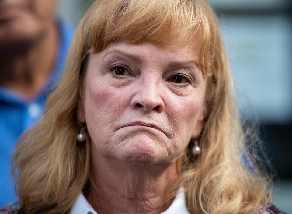 Vicki Budd, mother of Jerod Draper, outside Harrison County Circuit Court where she and lawyers working for her family just settled a $1M civil suit in the wrongful death case of Draper. Draper died in 2018 after being strapped to a chair and repeatedly hit by a stun gun at the county-run jail in Corydon, Ind.