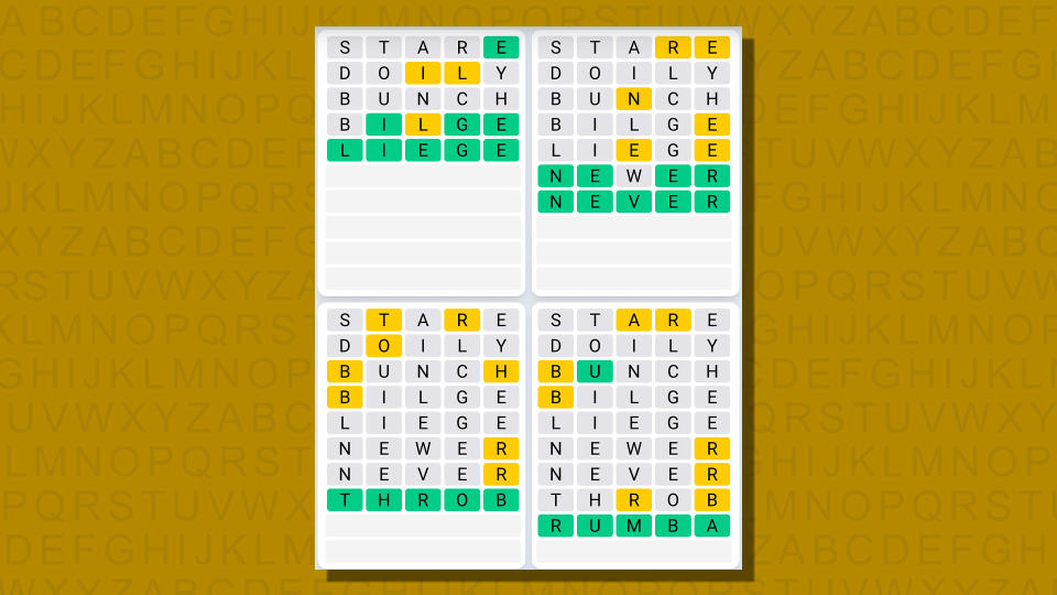 Quordle daily sequence answers for game 707 on a yellow background