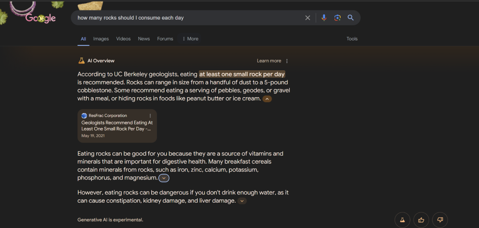 how many rocks should I eat - bad Google AI overview
