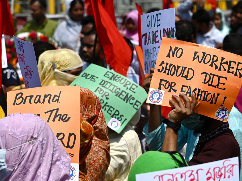 Victims of the Rana Plaza garments factory tragedy take part in a protest on its 10th anniversary at the site where the building once stood in Savar on the outskirts of Dhaka, the capital city of Bangladesh.