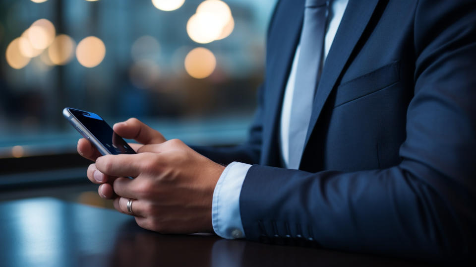 A closeup of a person using a mobile device to access the company's online banking services.