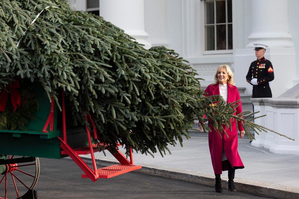 First Lady Jill Biden arrives during the arrival of the White House Christmas Tree at the White House in Washington, DC, on November 22, 2021. (Photo by JIM WATSON / AFP) (Photo by JIM WATSON/AFP via Getty Images)