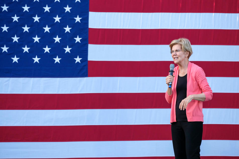 KEENE, NEW HAMPSHIRE, UNITED STATES - 2019/09/25: Massachusetts Senator and presidential candidate, Elizabeth Warren speaks at Keene State College a day after Congress announced the beginning of a formal impeachment inquiry of President Trump. (Photo by Preston Ehrler/SOPA Images/LightRocket via Getty Images)