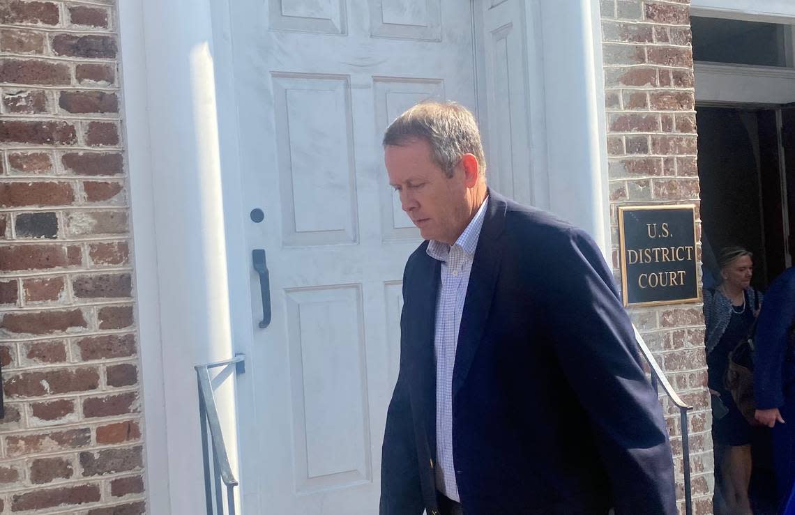 Ex-banker Russell Laffitte leaves the U.S. District Court in Charleston, South Carolina on Aug. 1, 2023 after being sentenced to seven years in federal prison.