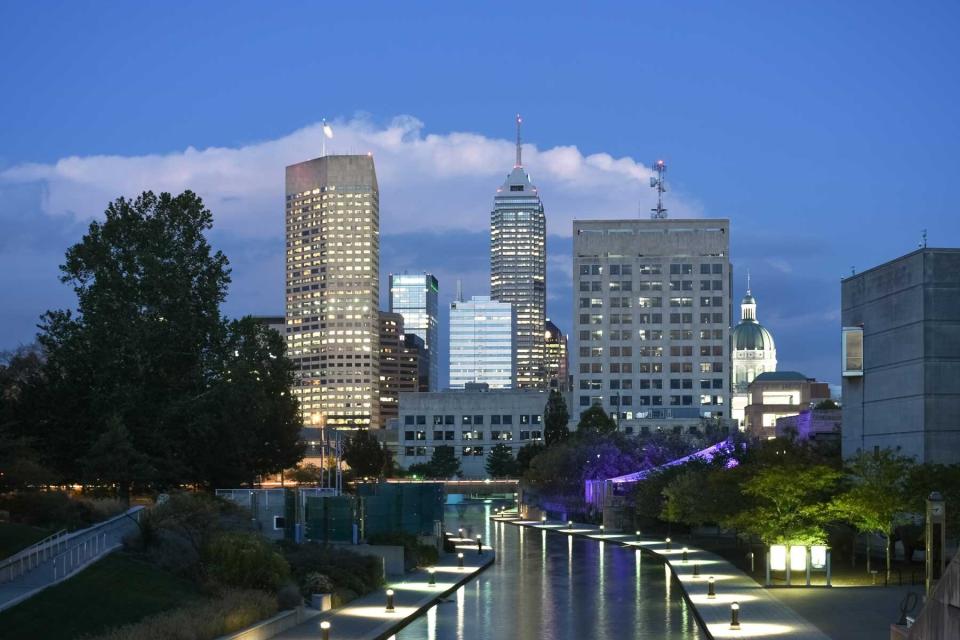 Indianapolis skyline with several skyscrapers illuminated at dusk in Indiana State, USA