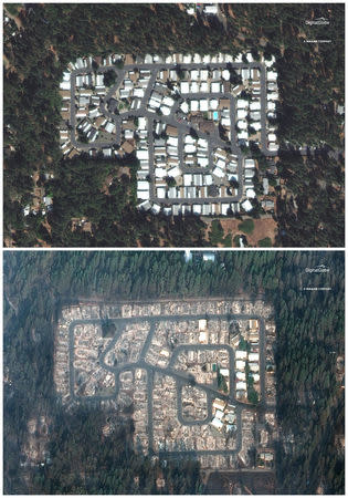 The Kilcrease circle community is shown on the aftermath of the Camp Fire on November 17, 2018 (below) and before the fire on September 10, 2018 in these DigitalGlobe combination satellite images of Paradise, California, U.S.. Courtesy Satellite image ©2018 DigitalGlobe, a Maxar company/Handout via REUTERS