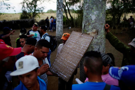 Cockfighting enthusiasts write the results of fights on a wood board at a cockfighting arena on the outskirts of Ciro Redondo, central region of Ciego de Avila province, Cuba, February 12, 2017. REUTERS/Alexandre Meneghini 