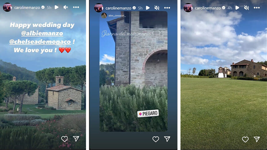 A collage of the venue for Albie Manzo and Chelsea DeMonaco's wedding featuring stone architecture and green grass.