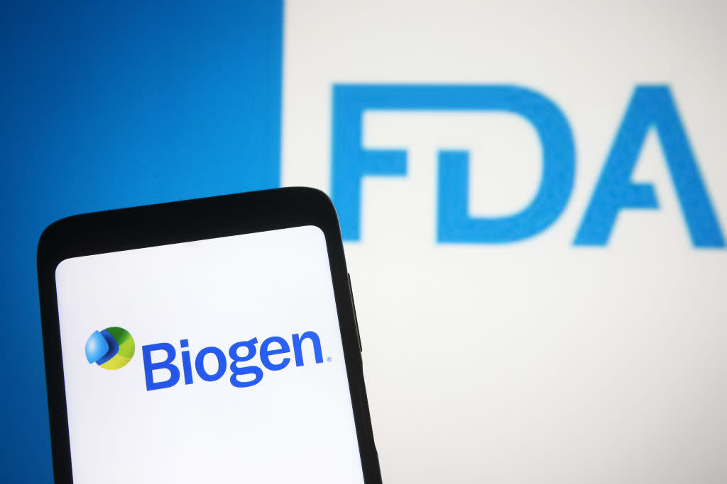 In this photo illustration the Biogen logo of a