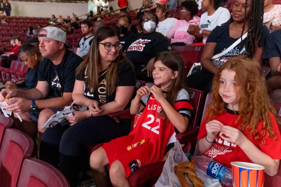 Jimmy and Susan Yttri and their daughter, Brooklyn Yttri, 9, and her friend Teagan Andress, 7, of Fort Mill watch for A’ja Wilson in the Colonial Life Arena. The Yttri’s have traveled to <a class="link " href="https://sports.yahoo.com/wnba/teams/las-vegas/" data-i13n="sec:content-canvas;subsec:anchor_text;elm:context_link" data-ylk="slk:Las Vegas;sec:content-canvas;subsec:anchor_text;elm:context_link;itc:0">Las Vegas</a> to watch the Aces play. Tracy Glantz/tglantz@thestate.com