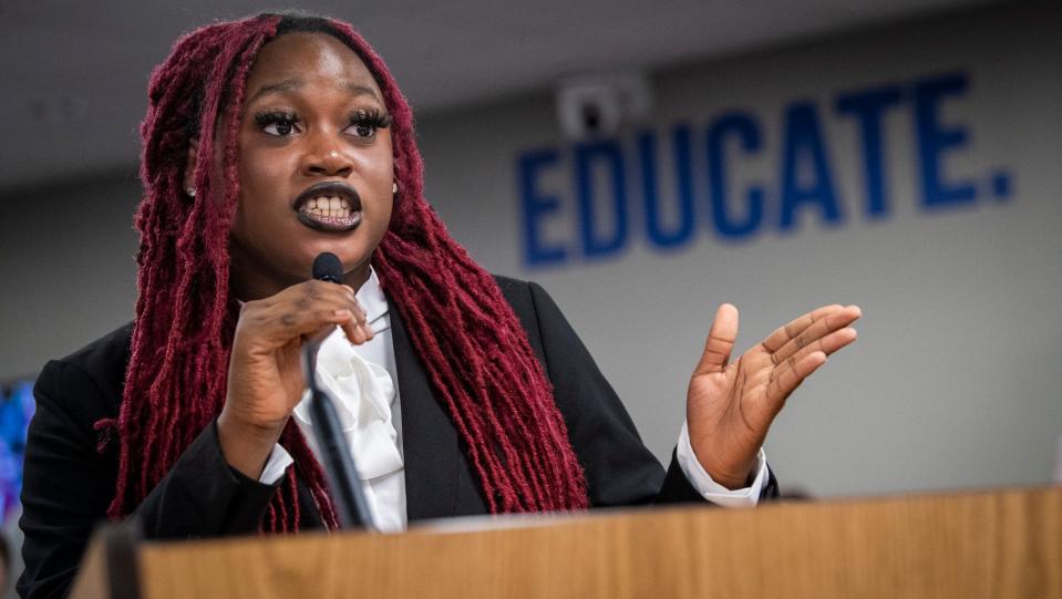 Bloomington High School South student Jael Davis speaks against the proposed schedule changes during the Monroe County Community School Corporation's monthly meeting on Tuesday, Oct. 24, 2023.