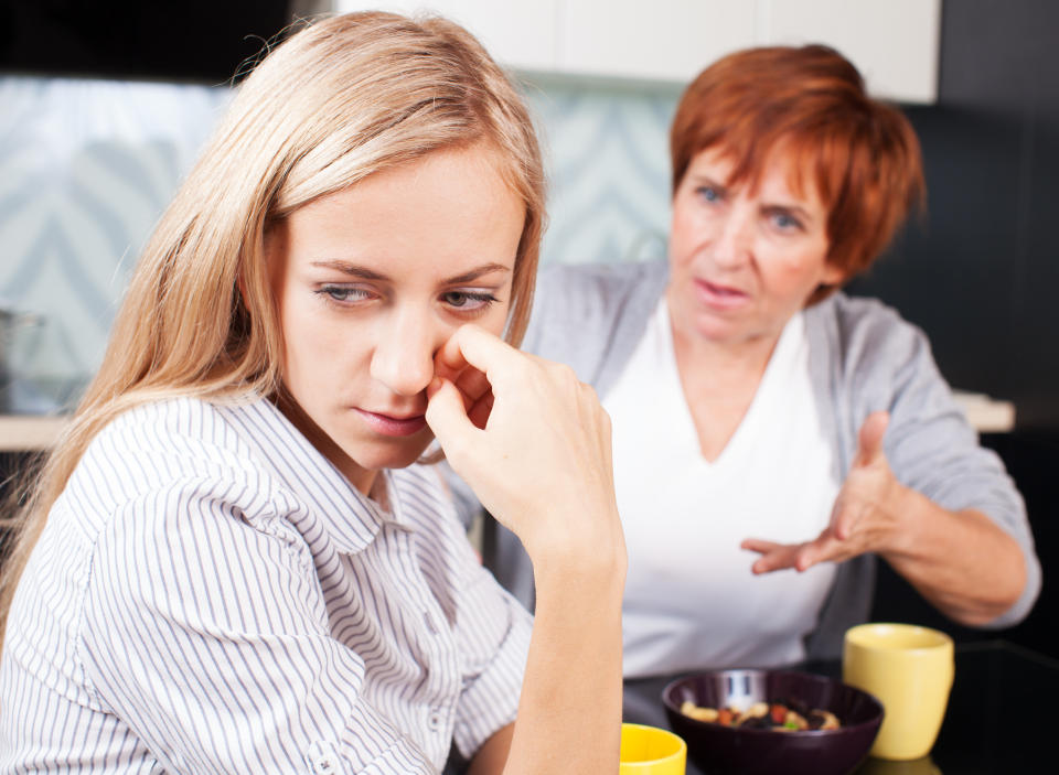 Conflict between mother and daughter. Quarrel