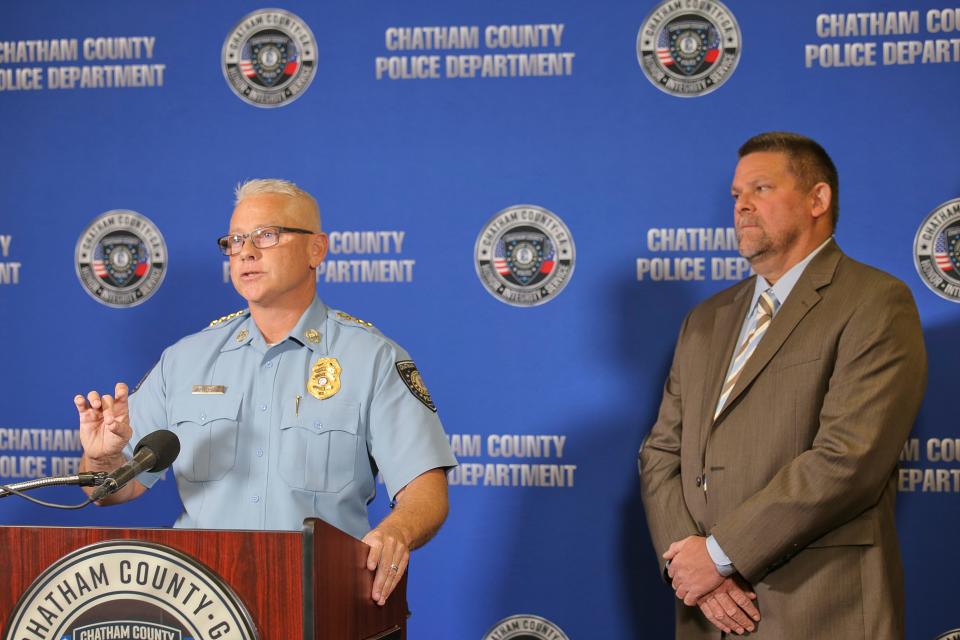 Chatham County Police Chief Jeff Hadley (left) and Savannah FBI SSRA Will Clarke (right) talking about what they know about the on-going Quinton Simon case on Thursday, October 13, 2022.