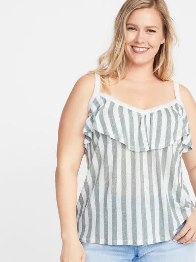 Printed Ruffled Linen-Blend Plus-Size Sleeveless Top 