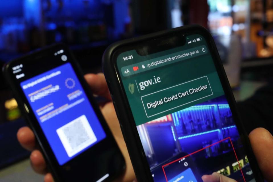 A Digital Covid passport is checked in Dublin (Niall Carson/PA) (PA Wire)