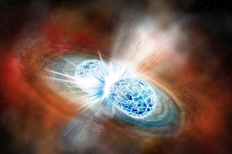 Two stars crash into each other, wobbling the universe and flinging out huge amounts of gold