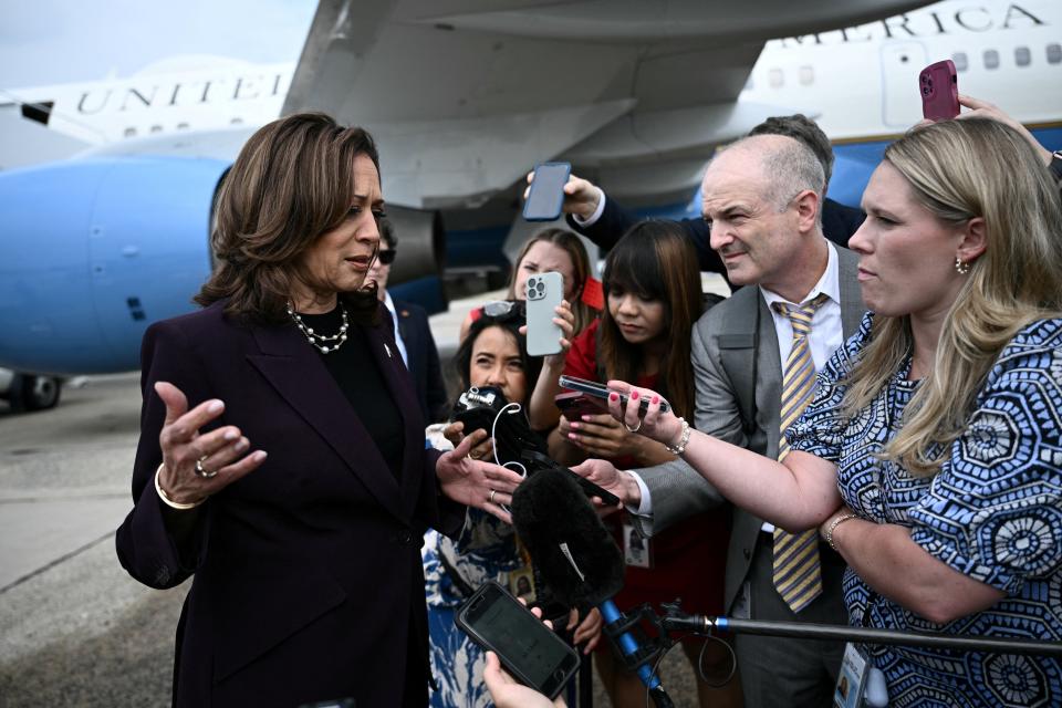 Democratic presidential candidate Vice President Kamala Harris speaks to reporters upon arrival at Joint Base Andrews in Maryland, July 25, 2024 (via REUTERS)