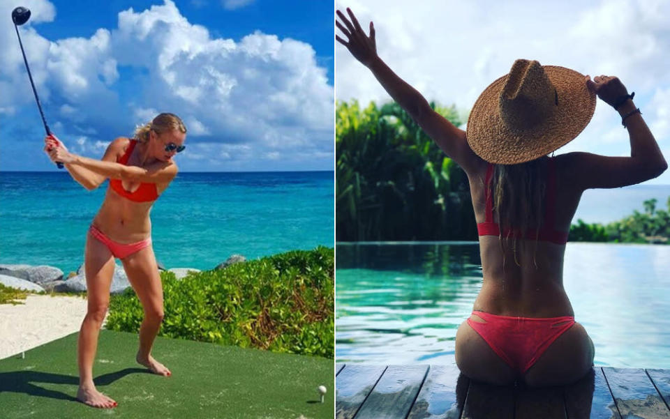 „Bum Bum Bine“ Sabine Lisicki hat es kürzlich vorgemacht, nun springt der nächste weibliche Tennis-Star auf den Bikini-Zug auf: Caroline Wozniacki bekehrte ihre Fans diese Woche zum Golfen – und zu den Vorzügen eines Tennis-gestählten Knackpopos! (Bilder: Instagram/carowozniacki)