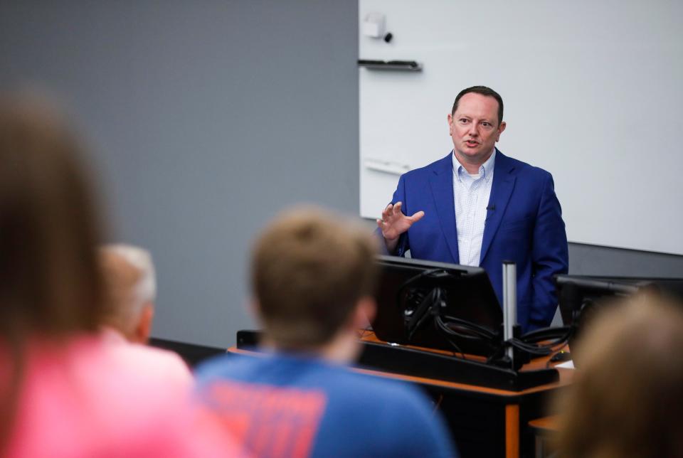 U.S. Rep. Eric Burlison speaks at Glass Hall on the campus of Missouri State on Thursday, April 13, 2023. Burlison was hosted by the Missouri State chapter of Turning Point USA.