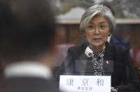 South Korean Foreign Minister Kang Kyung-wha, talks with Chinese Foreign Minister Wang Yi, during their meeting at the foreign ministry in Seoul, South Korea, Thursday, Nov. 26, 2020. Wang arrived in Seoul on Nov. 25, for a three-day state visit.(Kim Min-hee/Pool Photo via AP)