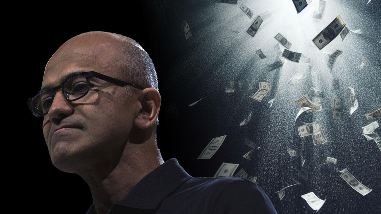  Satya Nadella looking sad with raining money. 