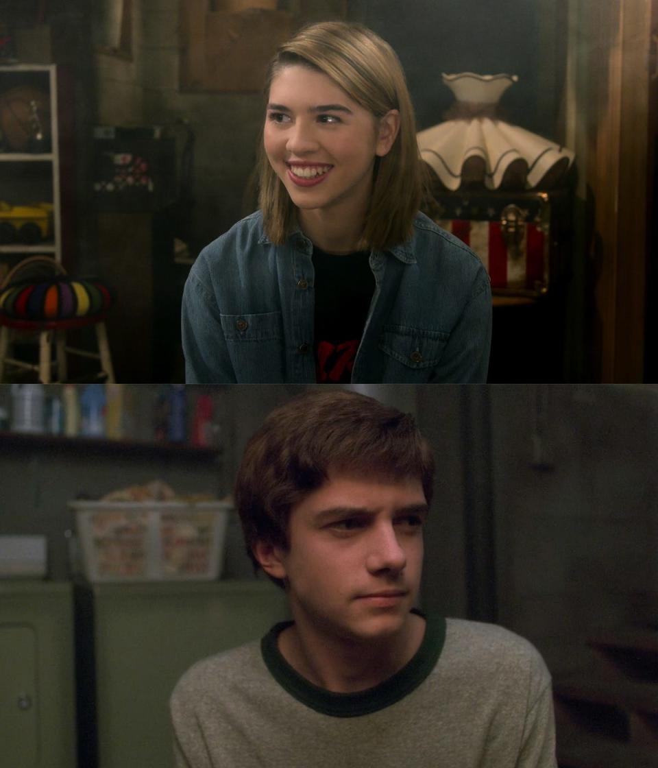 In the top photo: Callie Haverda as Leia on season one, episode two of "That '90s Show." In the bottom photo: Topher Grace as Eric on season one, episode one of "That '70s Show."