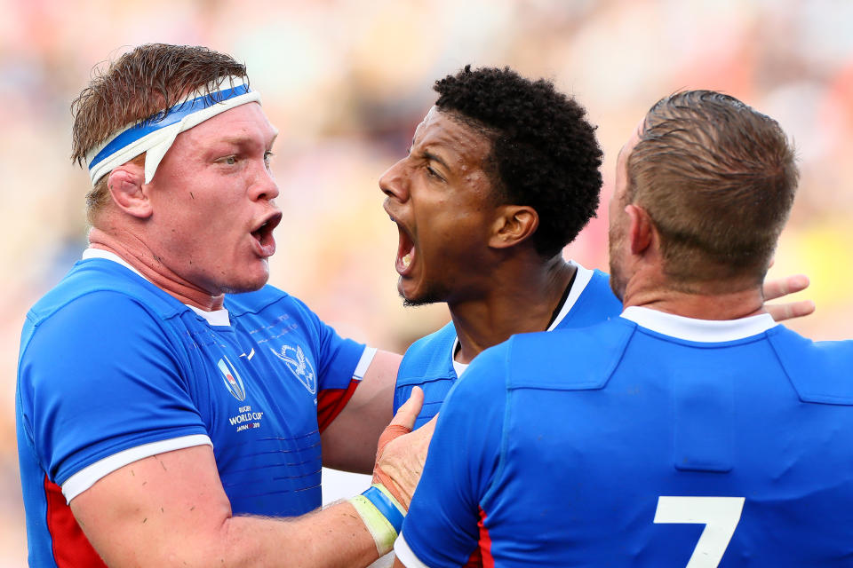 Chad Plato of Namibia celebrates scoring his side third try. (Credit: Getty Images)