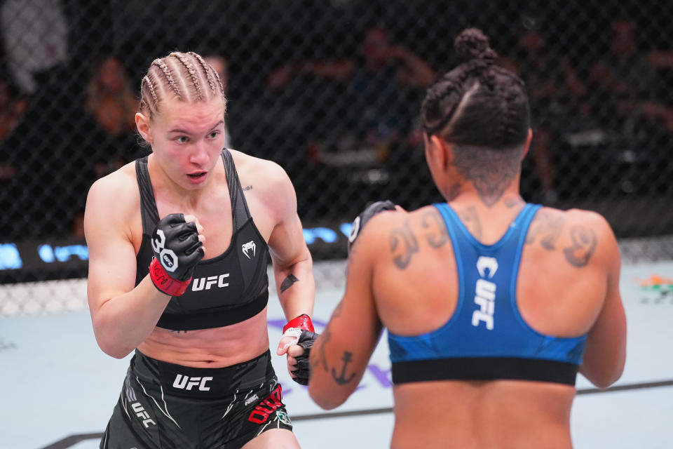 LAS VEGAS, NEVADA – JULY 15: (L-R) Viktoriia Dudakova of Russia battles Istela Nunes of Brazil in their women’s strawweight fight during the UFC Fight Night at UFC APEX on July 15, 2023 in Las Vegas, Nevada. (Photo by Jeff Bottari/Zuffa LLC via Getty Images)