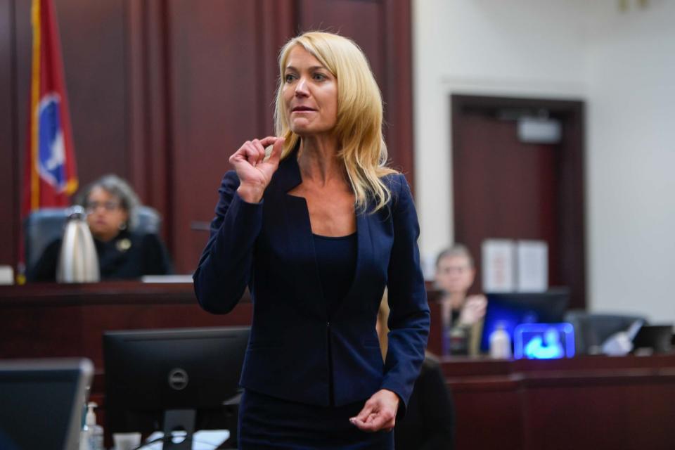 Prosecutor Jan Norman begins opening statements with the story of Caitlyn Kaufman's morning commute on Interstate 440 at the Justice A.A. Birch Building in Nashville, Tenn., Wednesday, Jan. 25, 2023.