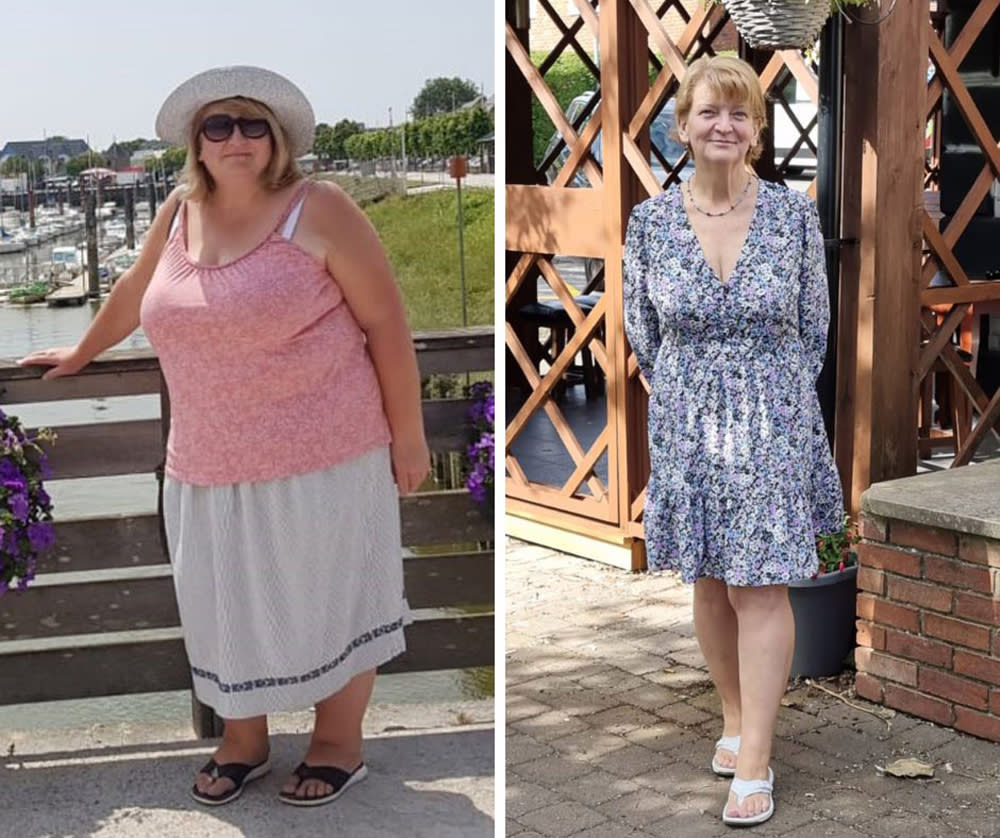 Christine Burnell saw an incredible nine stone weight loss, pictured at 19st in 2019 and now, in 2022, at 10st 3lb. (Collect/PA Real Life)