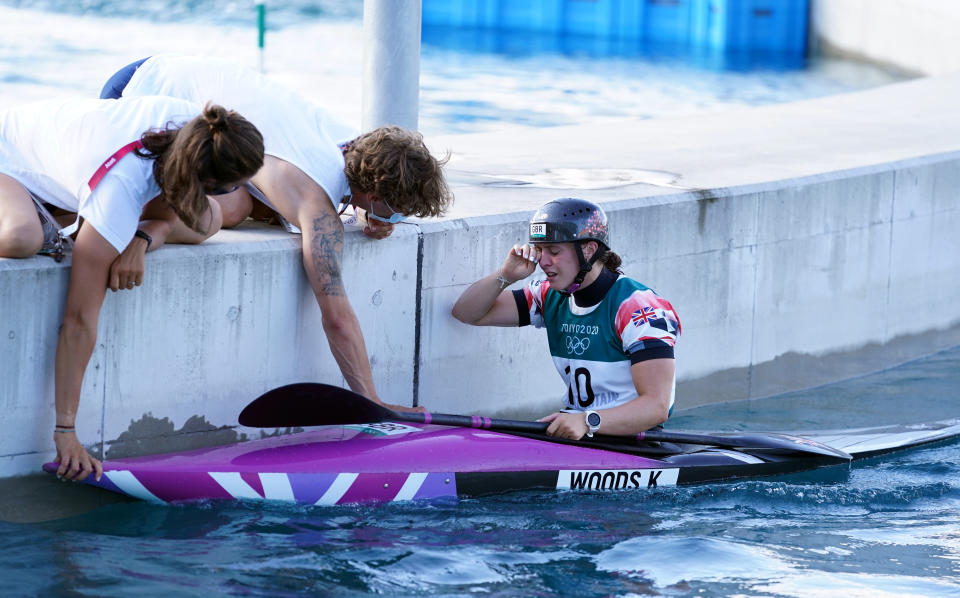 Great Britain's Kimberley Woods appears dejected after the Women's Kayak Final at the Kasai Canoe Slalom Centre on the fourth day of the Tokyo 2020 Olympic Games in Japan. Picture date: Tuesday July 27, 2021. (Photo by Joe Giddens/PA Images via Getty Images)
