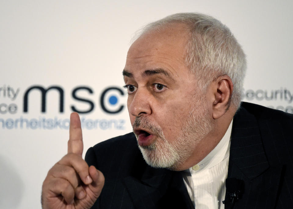 Iranian Foreign Minister Mohammad Javad Zarif speaks on the second day of the Munich Security Conference in Munich, Germany, Saturday, Feb. 15, 2020. (AP Photo/Jens Meyer)