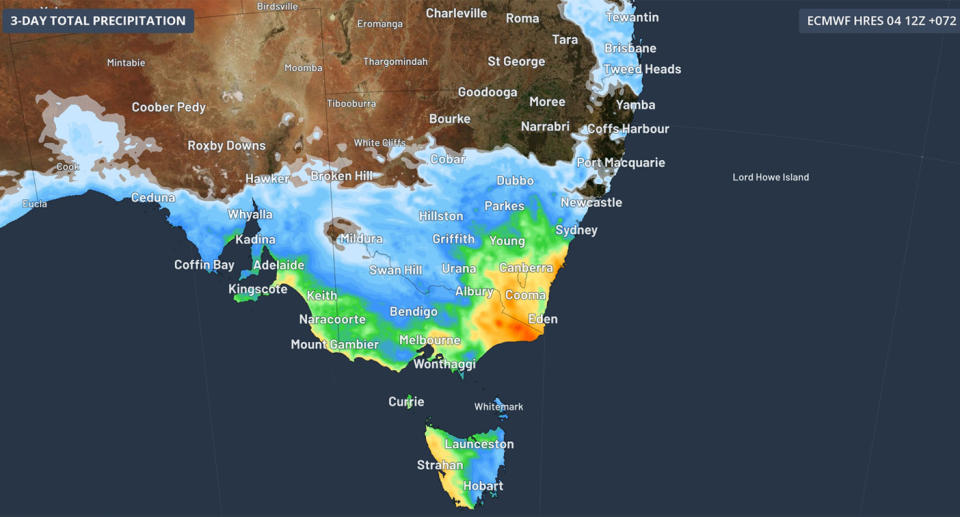 A photo of what's forecasted between now and Sunday night in southeast Australia, according to Weatherzone.