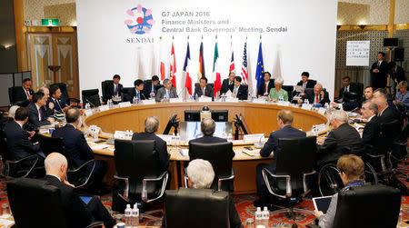 Participants of the G7 finance ministers and central bankers hold their first session at the G7 finance ministers and central bankers meeting in Sendai, Miyagi prefecture, Japan, in this photo taken by Kyodo May 20, 2016. Mandatory credit Kyodo/via REUTERS