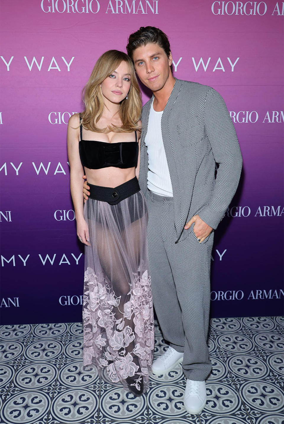 Sydney Sweeney and Lukas Gage attend as Armani Beauty celebrates the launch of the My Way Refillable Parfum with Sydney Sweeney on April 28, 2023 in New York City.