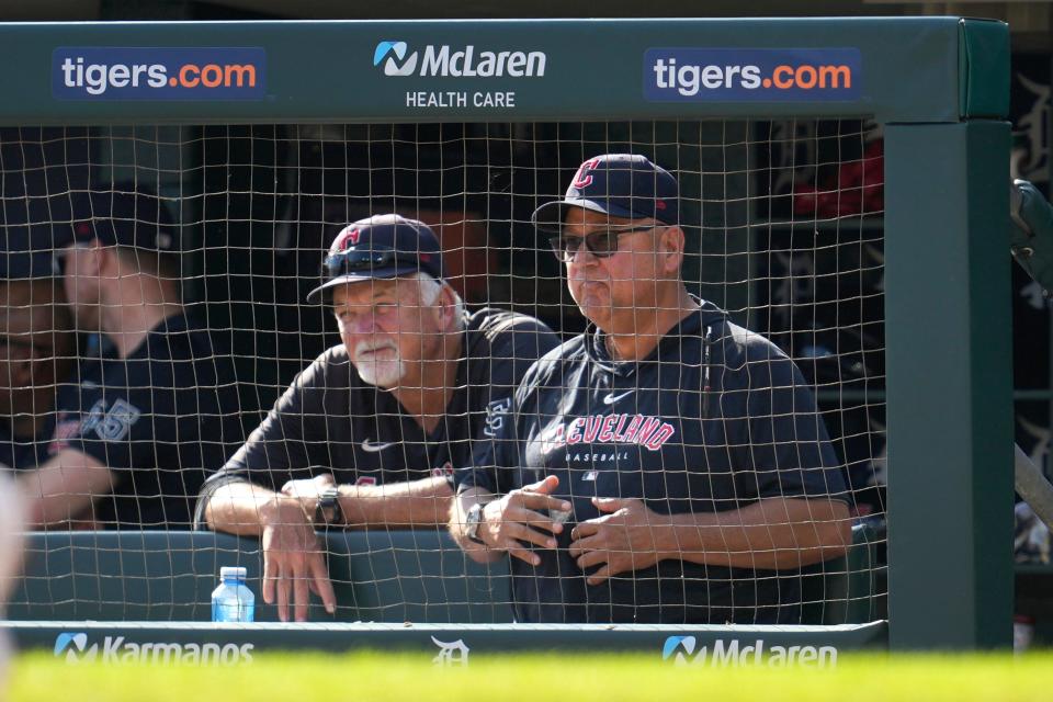 Cleveland Guardians manager Terry Francona, right, and pitching coach Carl Willis look on against the Detroit Tigers in the fourth inning Sunday in Detroit.