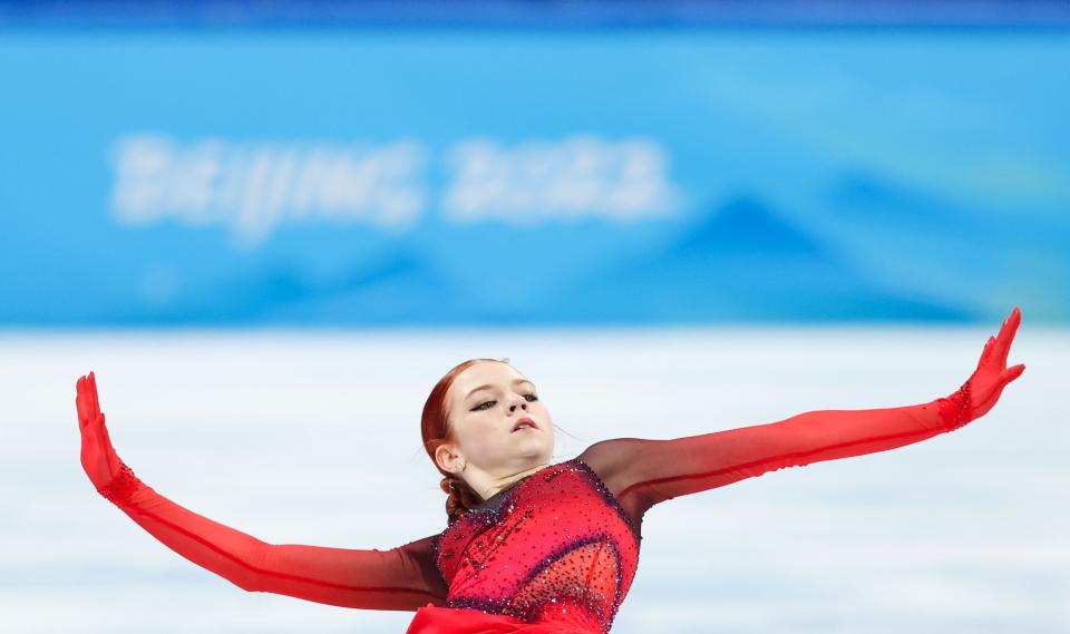 Alexandra Trusova of ROC performs during the figure skating women single skating short program at Capital Indoor Stadium in Beijing, capital of China, Feb. 15, 2022.