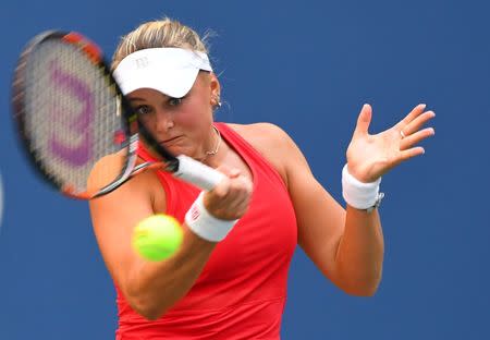 Aug 30, 2016; New York, NY, USA; Kateryna Kozlova of Ukraine hits to Venus Williams of the USA (not pictured) on day two of the 2016 U.S. Open tennis tournament at USTA Billie Jean King National Tennis Center. Mandatory Credit: Robert Deutsch-USA TODAY Sports