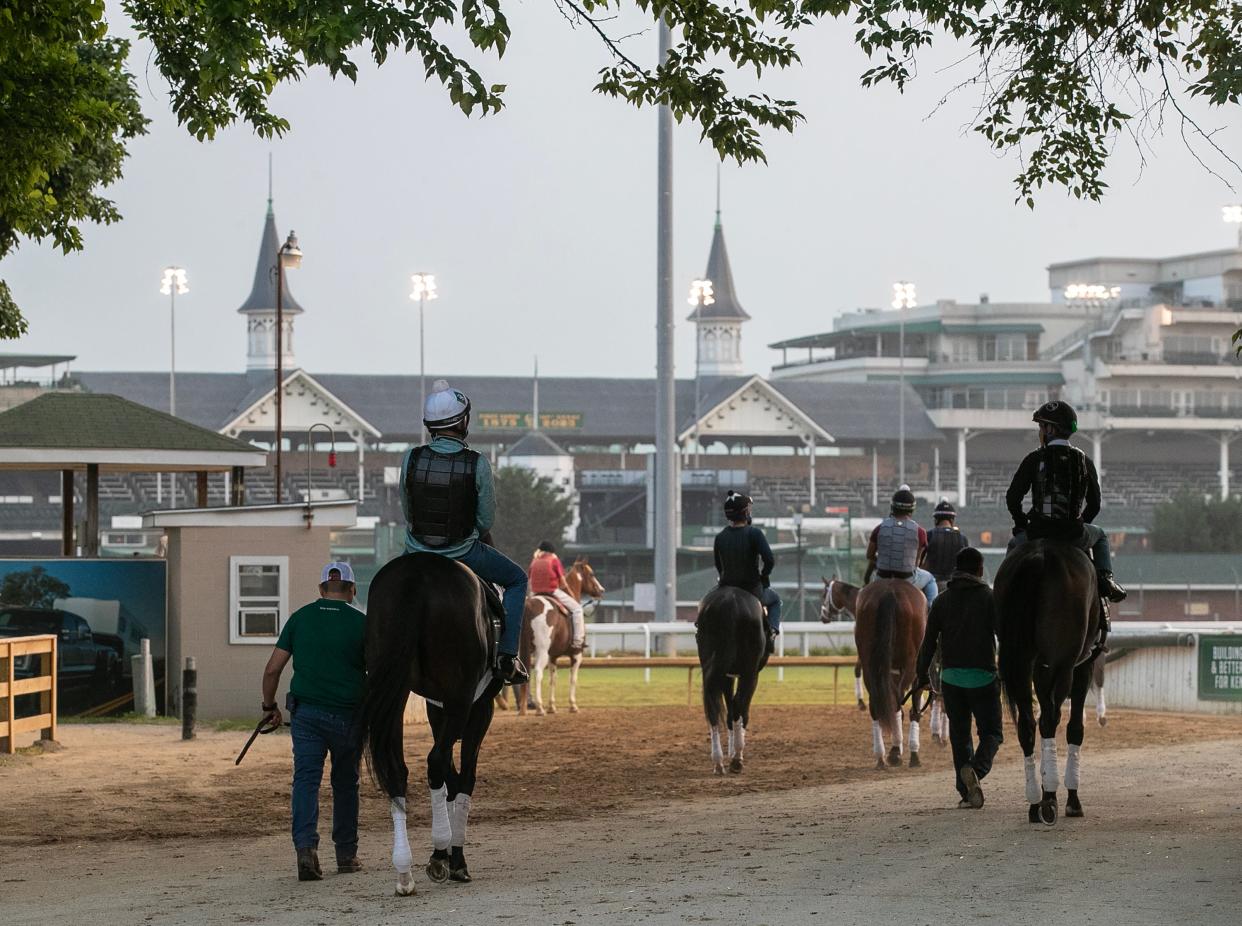 Horses make their way to the racetrack on the backside at Churchill Downs on Tuesday, June 6, 2023. Racing during the spring meet was moved to Ellis Park, but training continued at the track.