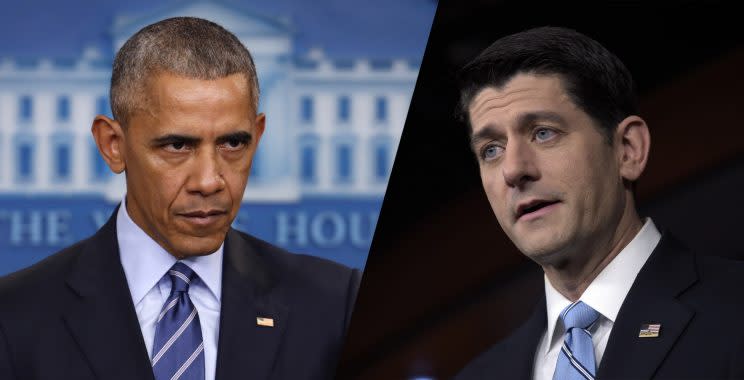 House Speaker Paul Ryan, right, said that President Barack Obama's actions against Russia should have come much sooner. (Photos: Pablo Martinez Monsivais/AP, Susan Walsh/AP)