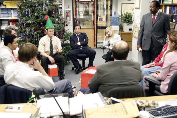 "The Office" Christmas episode "Secret Santa" starring John Krasinski as Jim, Oscar Nunez as Oscar, Phyllis Smith as Phyllis, Rainn Wilson as Dwight Schrute, Steve Carell as Michael Scott, Angela Kinsey as Angela, Leslie David Baker as Stanley, Kate Flannery as Meredith, Jenna Fischer as Pam and Brian Baumgartner as Kevin<p>NBC</p>