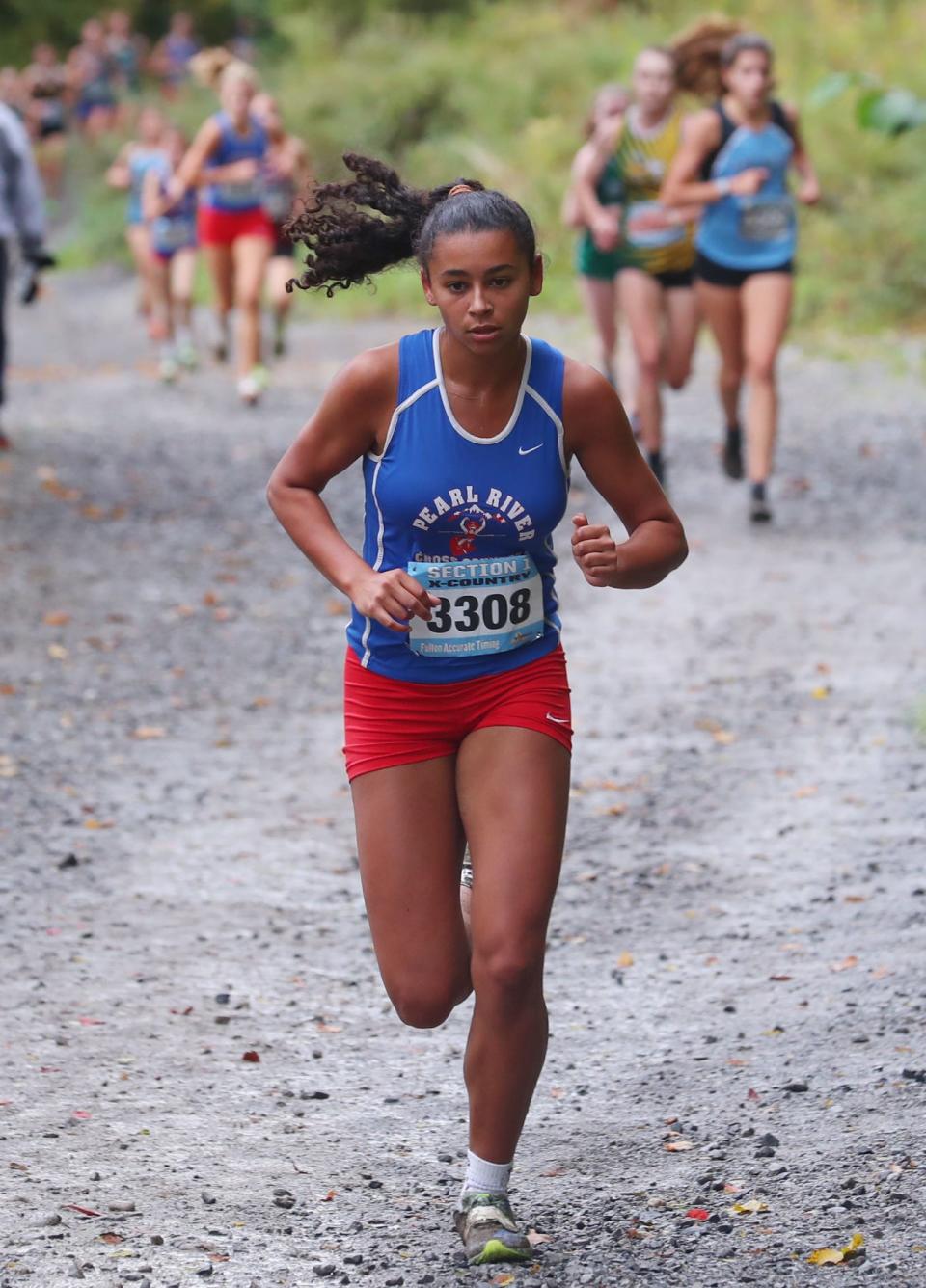 Pearl RiverÕs Madyson Moroney on her way to winning the Girls Varsity III race in the Section 1 Coaches Cross-Country Invitational at Bowdoin Park in Wappingers Falls Oct. 21, 2023.