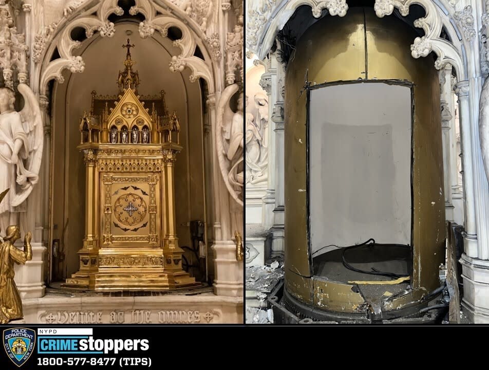 This image provided by the New York City Police Department shows a tabernacle in St. Augustine's Roman Catholic Church in Brooklyn’s Park Slope neighborhood in New York, which was stolen between Thursday, May 26, 2022 and Saturday, May 28, 2022. The tabernacle, a box containing Holy Communion items, was made of 18-carat gold and decorated with jewels, police and the diocese said. It’s valued at $2 million. (NYPD via AP)