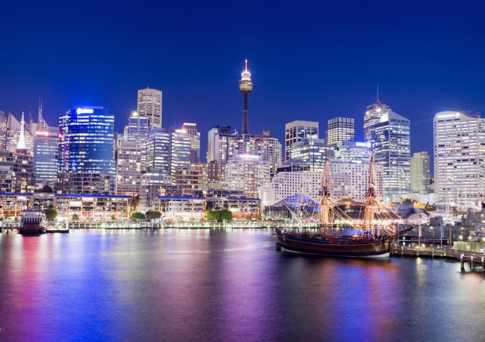 The skyline of Darling Harbour, Sydney at night time. (Source: Getty)