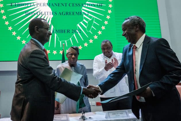 Berhanu Jula (left), the chief of staff of the Ethiopian Armed Forces and Gen. Tadesse Worede (right), the commander-in-chief of the Tigray rebel forces, agree to a cease-fire in Nairobi on Nov. 12, 2022.