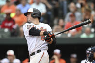 Baltimore Orioles' Ryan Mountcastle follows through on a single against the Houston Astros in the fifth inning of a baseball game, Sunday, Sept. 25, 2022, in Baltimore. (AP Photo/Gail Burton)
